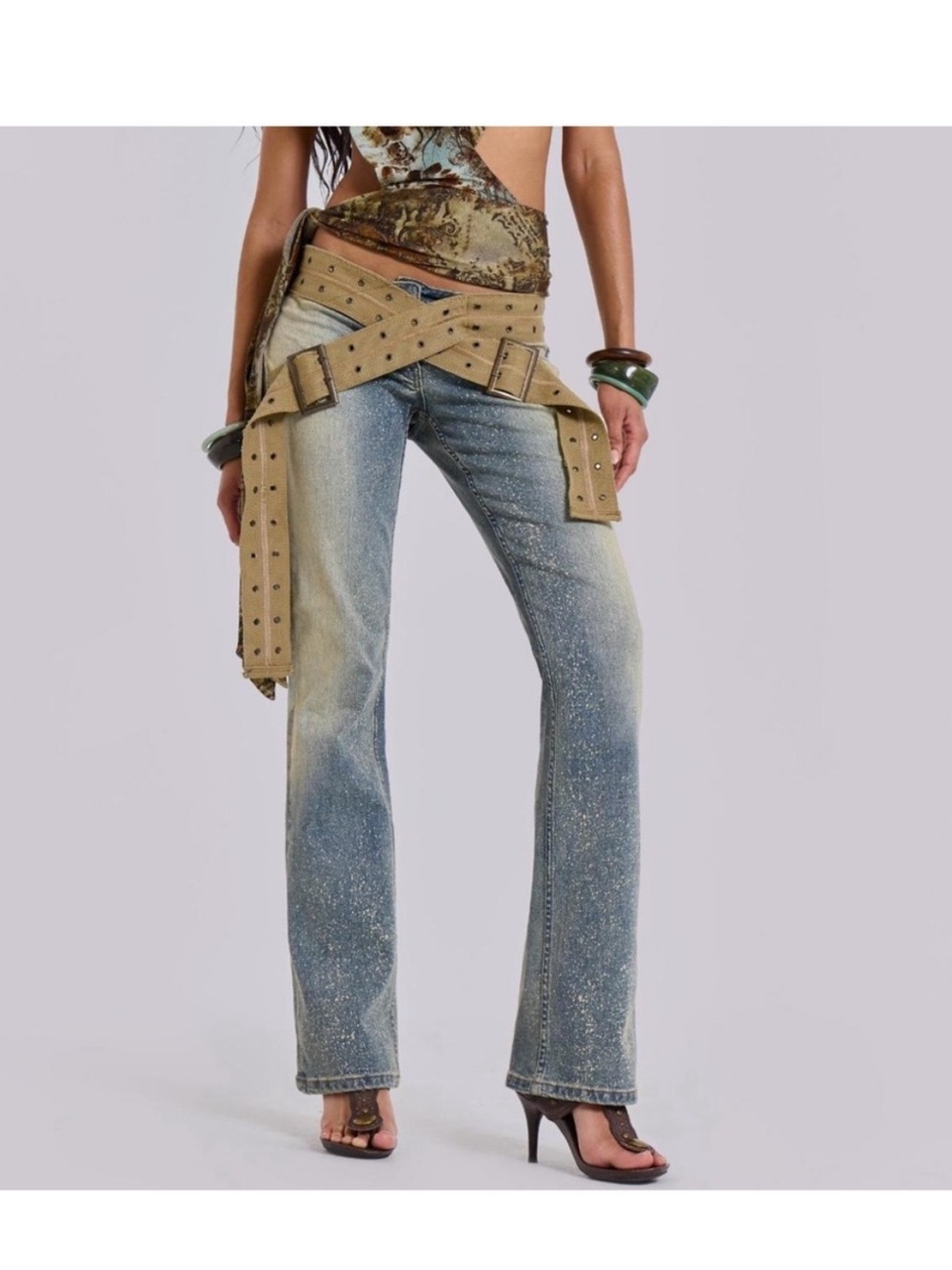 Jaded London Low Rise Flare Jeans Y2K Belted Stone Washed Denim